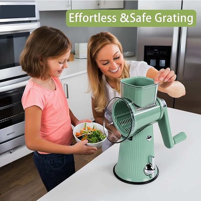 5 in 1 Rotary Cheese Grater Vegetable Slicer - Drum Mandoline Chopper for Kitchen, Easy to Clean with Storage Container