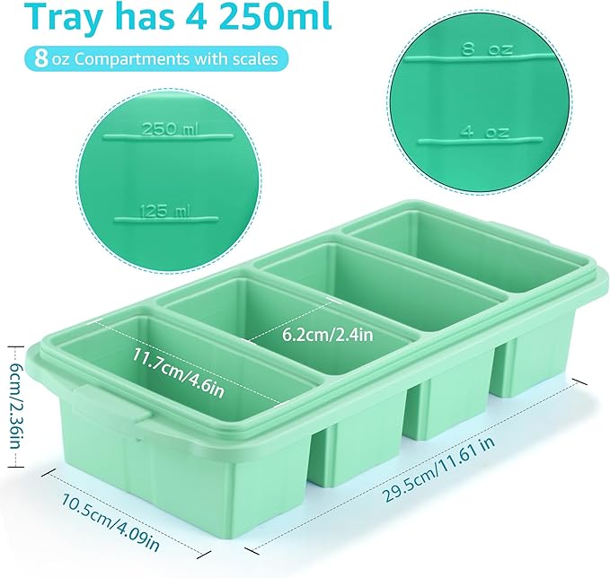 Silicone Freezer Tray With Lid - Silicone Freezer Food Molds- Large Ice Cube Tray,Silicone Freezer Container,Freeze & Store Soup, Sauce, Broth,Leftovers - Makes 4 Perfect 1 Cup