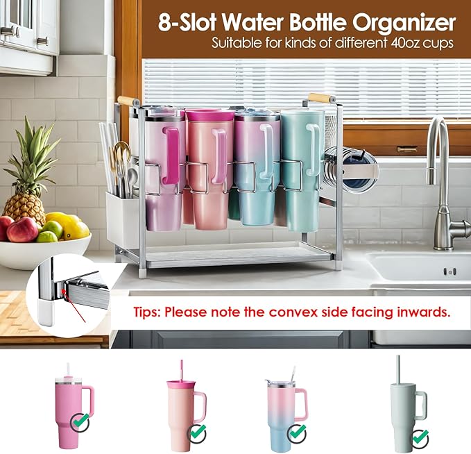 Housolution Water Bottle Organizer Drying Rack for 40 oz Tumbler with Handle, Multifunctional Cup Storage Holder Compatible with Stanley, Owala, Simple Modern and Other Brands, Silver(Patented)