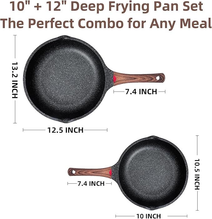 Vinchef Non Stick Frying Pans Set,10" & 12" Ceramic Pan with Lid, Deep Frying Pan & Saute Skillet, PFAS PFOA & PTFE Free, Visual Heat Indicator, Induction Ready, Frying Pans Nonstick Skillet with Lid
