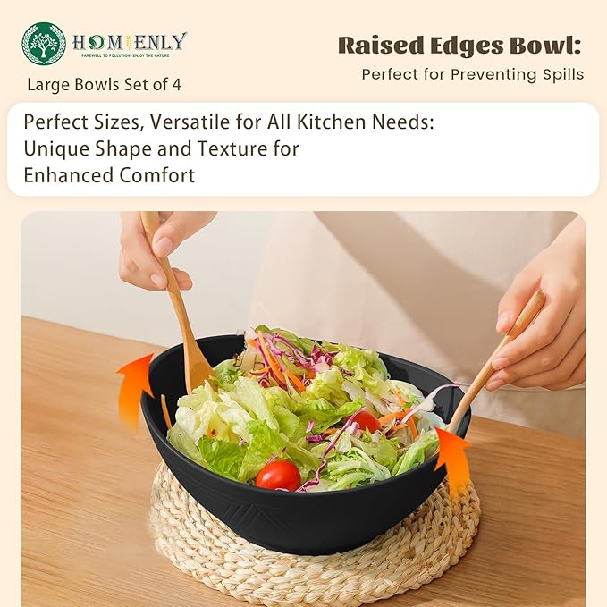 Homienly 9.6 inch Serving Bowls, Large Serving Dishes for Wedding Parties, 60 Oz for Salad, Side Dishes, Pasta, Oval Shape, Microwave & Dishwasher Safe, Set of 4, Black