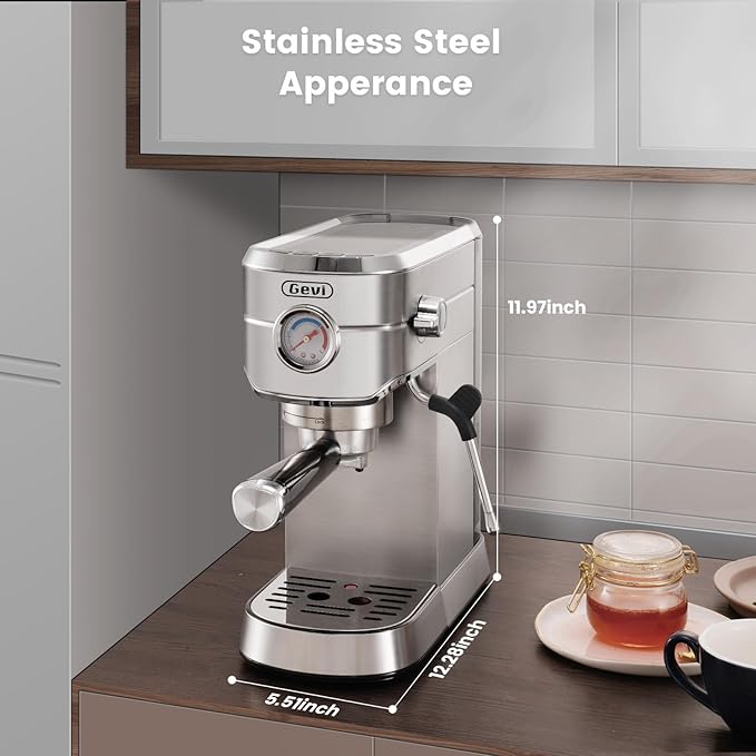 Gevi Espresso Machine 20 Bar, Professional Espresso Maker Latte Machine with Milk Frother, Stainless Steel Expresso Coffee Machines for Home, Compact Cappuccino Machine, Great Gift Choice, Silver