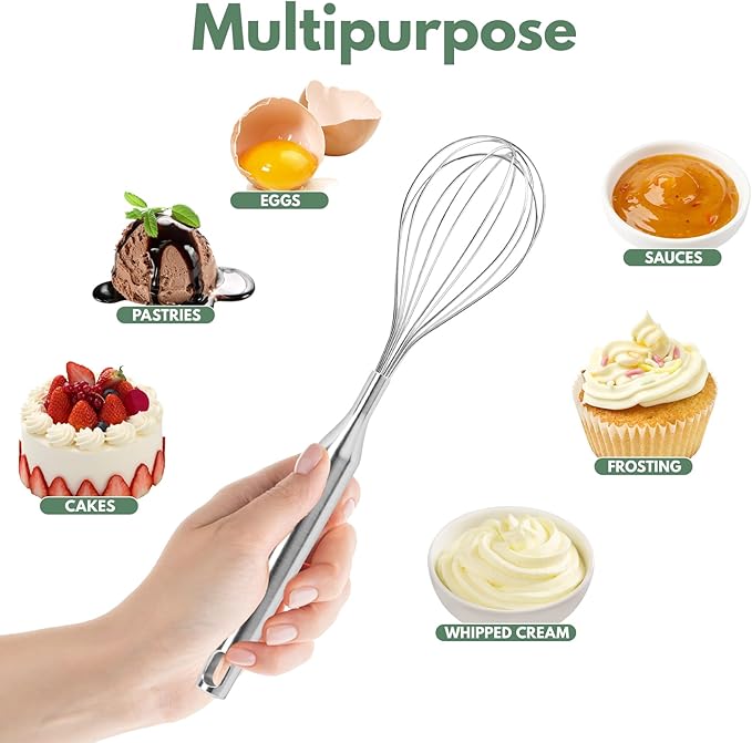 Stainless Steel Whisk for Cooking Kitchen Non Stick Balloon Wire Metal Baking Whisk Egg Beater for Blending, Whisking Beating,Dishwasher Safe, 12inch (Stainless Steel Handle)