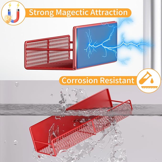 Magnetic Spice Rack for Refrigerator, 2 Pack 100% Metal Strong Magnet Shelf, Space Saving Spice Organizer W/ Hooks, Movable Magnetic Fridge Shelf, Kitchen Home Laundry Room Storage Organization, Red