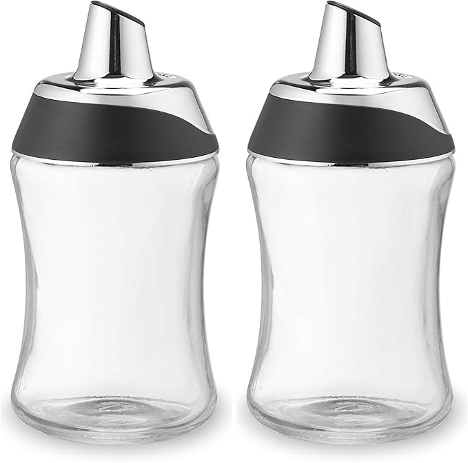 J&M Design 2-Pack Sugar Dispenser & Shaker For Coffee, Cereal, Tea & Baking with Pour Spout and Lid for Easy Spoon Measuring Pouring - 7.5oz Glass Jar Container - Coffee Bar Accessories & Essentials