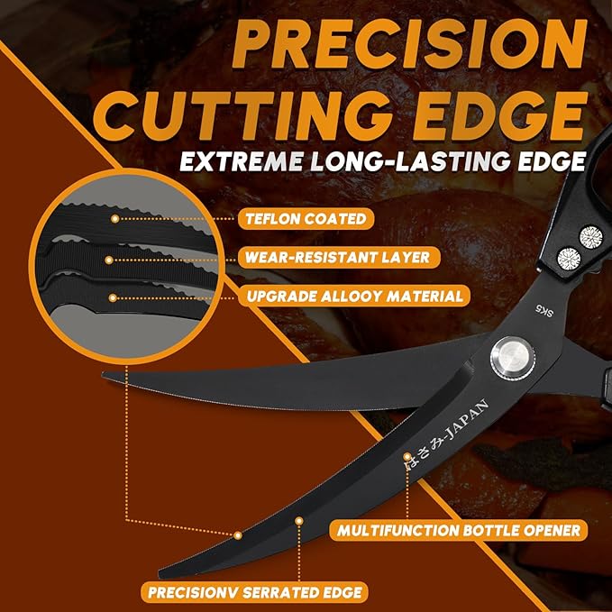 HUUSK Kitchen Scissors Set Black - Stainless Steel Kitchen Shears, Sharp Meat Scissors Dishwasher Safe, Heavy Duty Poultry Shears All Purpose, Japanese Cooking Scissor for Food,Christmas Gifts for Men