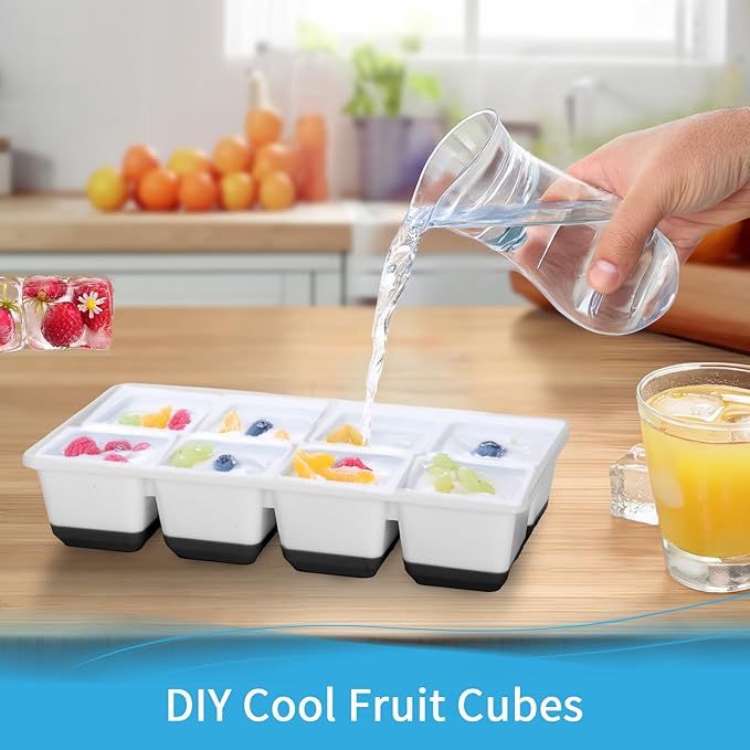 Large Ice Cube Trays with Lid, Jrisbo 2 Pack Stackable Silicone Ice Cube Molds for Freezer, Easy Release 16 Big Square Ice Trays for Whisky Cocktails (Black)