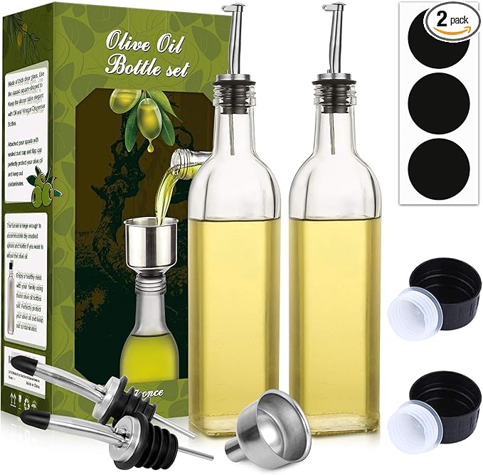 AOZITA [2 PACK] 17 oz Glass Olive Oil Dispenser Bottle Set - 500ml Clear Oil & Vinegar Cruet Bottle with Pourers, Funnel and Labels