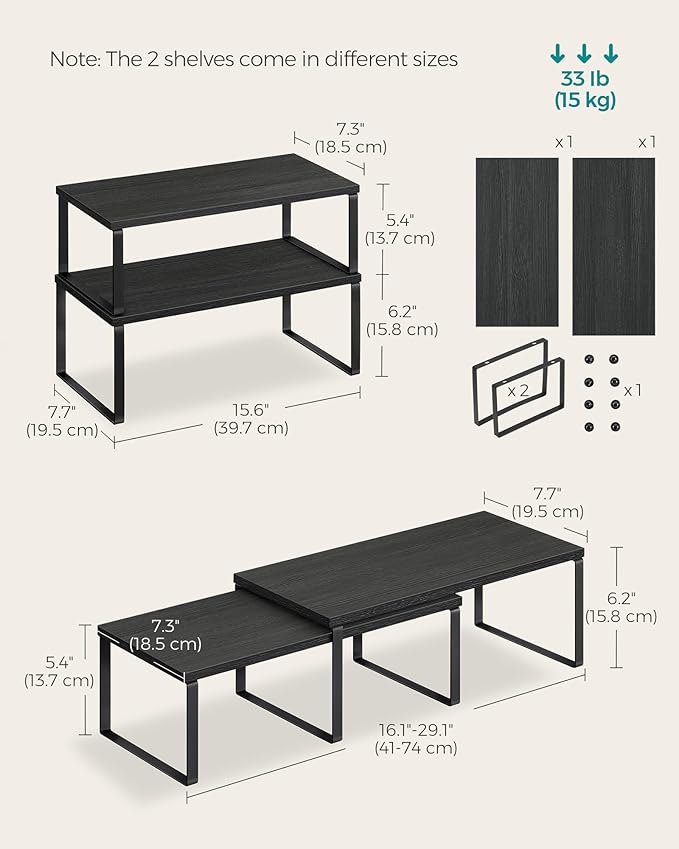 SONGMICS Cabinet Organizer Shelf, Set of 2 Kitchen Counter Shelves, Kitchen Storage, Spice Rack, Stackable, Expandable, Metal and Engineered Wood, Ink Black and Charcoal Black UKCS025B01