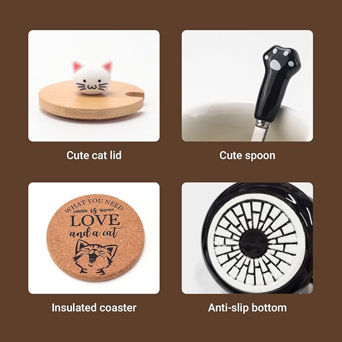 Bgbg Cute Cat Mug, Novelty Ceramic Coffee Tea Milk Cup with Lovely Kitty Lid, Kawaii Claw Spoon, Anime Coaster, Novelty Things Birthday Christmas Gift for Cat Lovers Women Her, 14 oz, Black