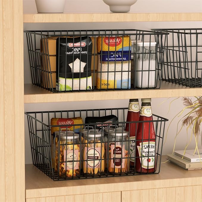 SANNO Black Wire Baskets Freezer Bin Organizer for Home, Bathroom, Closet Organization, set of 8, 15.7inch