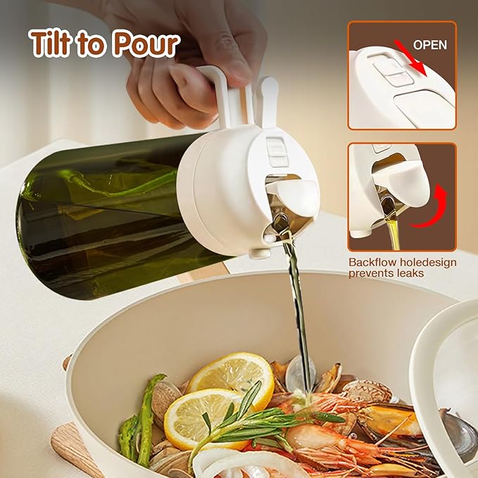 YARRAMATE 2PCS 16oz/470ml Oil Sprayer for Cooking with Stickers, Food-Grade 2 in 1 Olive Oil Dispenser Bottle for Kitchen, Premium Dark Green Glass Oil Bottle for Air Fryer, BBQ(White & Orange)