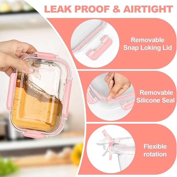 Skroam 12 Pack Glass Food Storage Containers with Lids, Meal Prep, Pantry Kitchen Storage Containers for Lunch, Leak Proof, Airtight Glass Lunch Bento Boxes for Microwave, Oven, Freezer, Pink