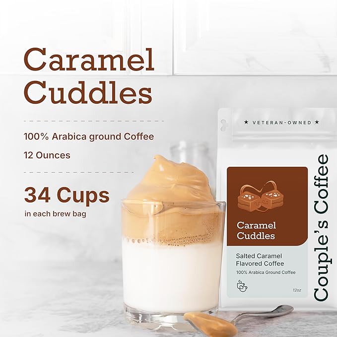 Couple’s Coffee Flavored Ground Coffee | Caramel Flavored Coffee | Gives Back to Military Families | Caramel Cuddles | Made with 100% Arabica Beans | 12oz