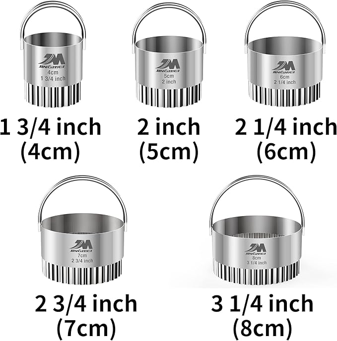 Ripple Biscuit Cutter Set 1.75inch 2inch 2.25inch 2.75inch 3.25inch, Stainless Steel Round Biscuit Cutters with Handle, Wave Cookies Cutter with Fluted Edge, Professional Baking Dough Tools