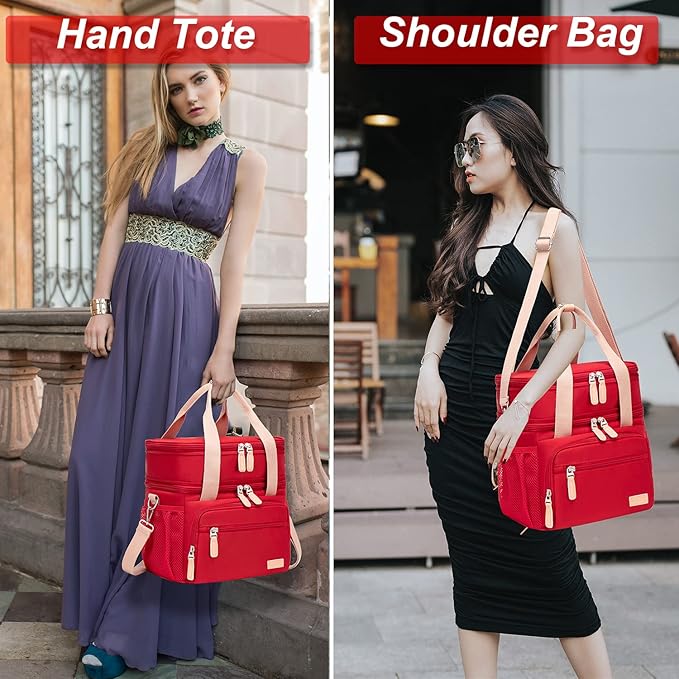 Weitars Lunch Bag for Women, Loncheras Para Mujer Waterproof Reusable Large Dual Compartment Lunch Box Wide-Open Cooler Tote Bag For Nurse Office Working Picnic Hiking (15L) (Red)