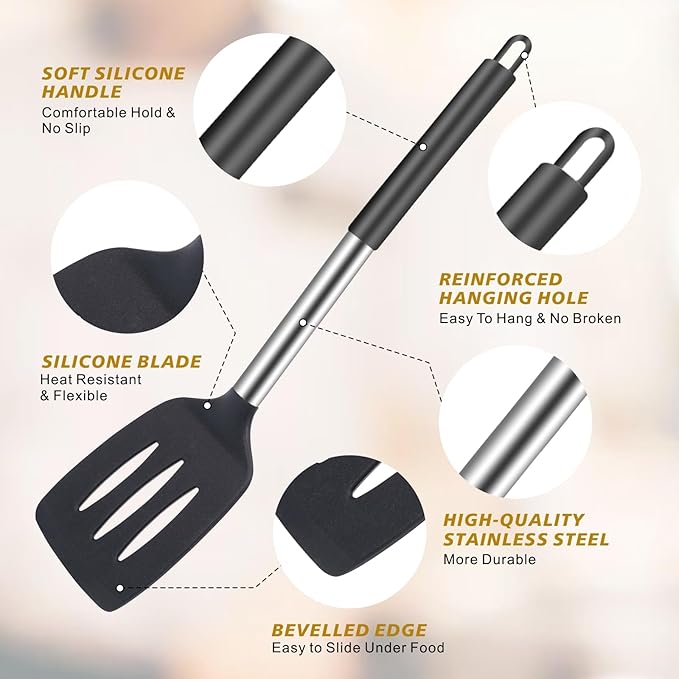 3Piece Silicone Spatula Set, Non Stick Slotted Kitchen Spatulas, High Heat Resistant BPA Free Cooking Utensils, Ideal Cookware for Fish, Eggs, Pancakes(black)