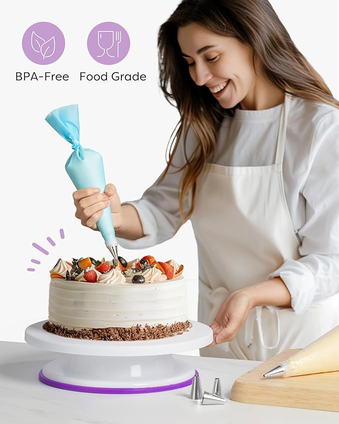 Kootek 71PCs Cake Decorating Kit, Baking Supplies Tools - Includes Cake Stand Turntable, 12 Icing Piping Tips Set, 2 Frosting Spatulas, 3 Scrapers, 50+2 Piping Bags, Coupler, Video Tutorial, Booklet