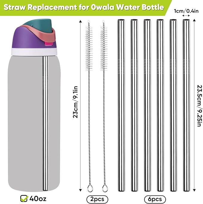 6 PCS Metal Replacement Straws for Owala Water Bottle 40 oz, Reusable Stainless Steel Straws With 2 Cleaning Brush Compatible With Owala Water Bottle