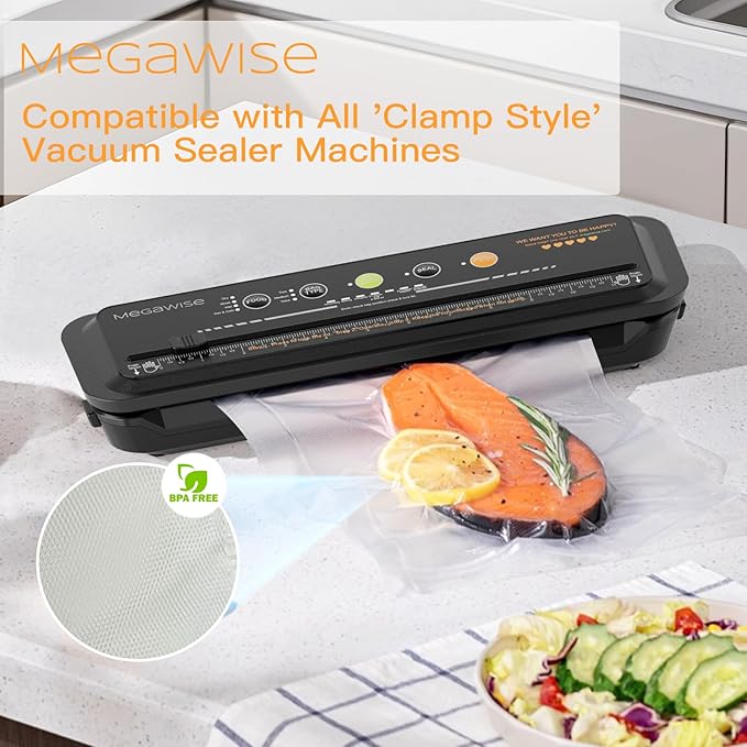 MegaWise 5 Rolls of Vacuum Sealer Machine Bags, 8 inch wide and 21.6 Feet Long for Megawise & other brand vacuum Perfect for Meal Prep and Sous Vide Cooking