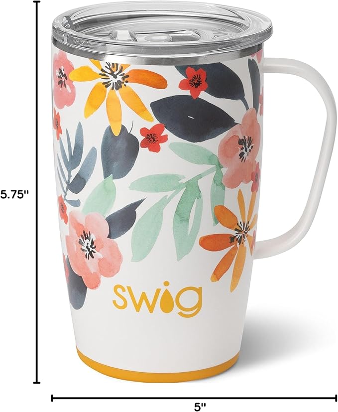 Swig Life 18oz Travel Mug, Insulated Tumbler with Handle and Lid, Cup Holder Friendly, Dishwasher Safe, Stainless Steel, Travel Coffee Cup (Honey Meadow)