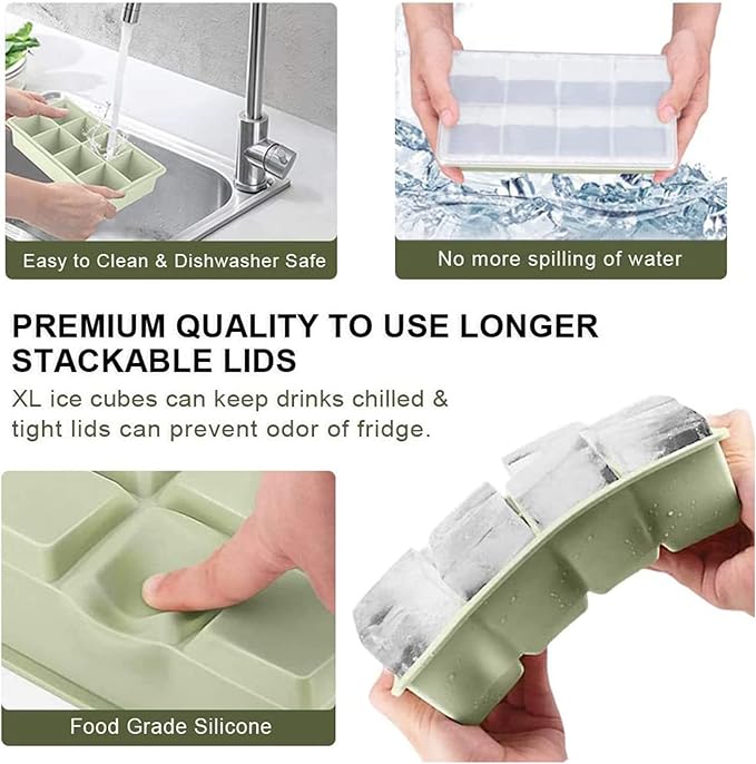 LessMo Ice Cube Tray with Lid - 2 Pack Large Silicone Ice Tray Molds for Freezer, BPA Free, Big Square Ice Cube for Whiskey, Cocktails, Baby Food, Juices