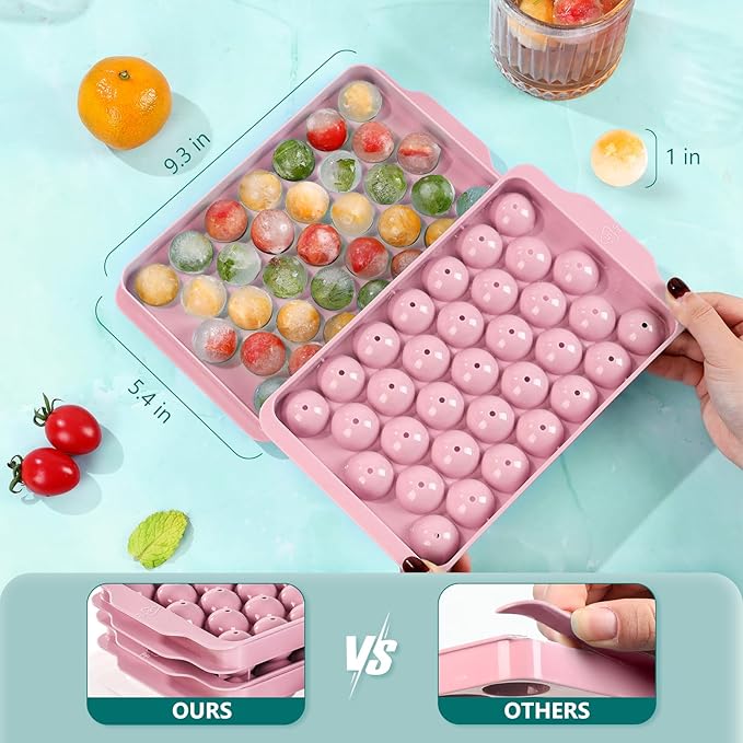 3 Pack Ice Trays for Freezer, 99 PCS Ice Cube Tray with Lid and Bin, Round Ice Cube Mold, Circle Ice Maker for Chilling Drinks (1 inch, Pink)