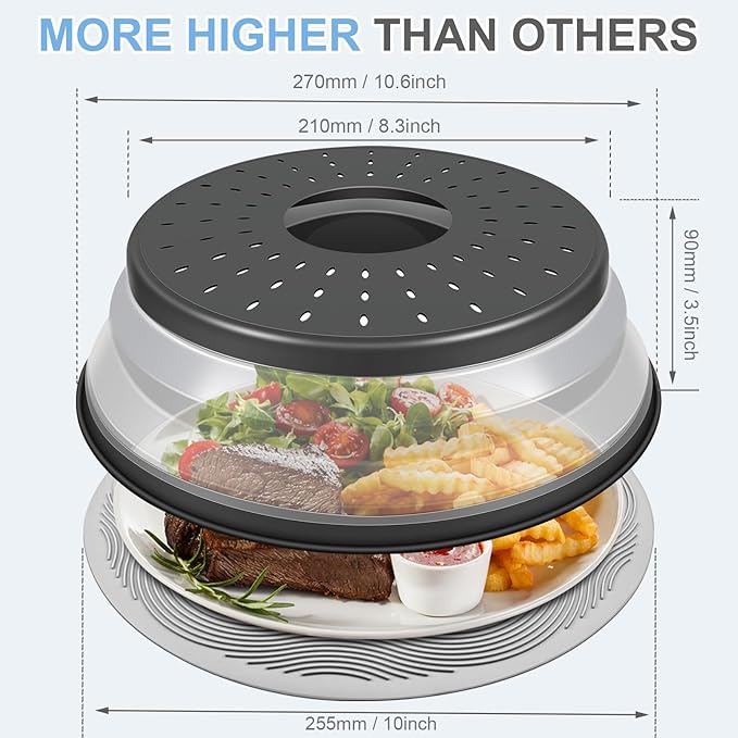 Pack 2, LekDrok Microwave Food Cover with Mat 10 Inch, Mat as Bowl Holder, Cover for Splatter Guard, Collapsible Lid for Plate, Multi-Use Silicone Mat & Kitchen Colander Gadget for Meal Prep, Charcoal