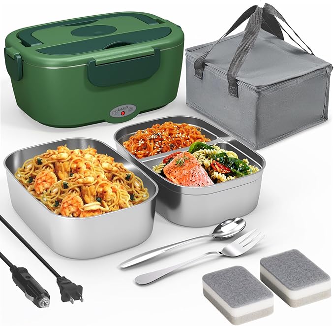 Heated Lunch Box for Men&Women - 80W Electric Lunch Box for Adults with Dual 1.5L 304 Stainless Steel Containers Fast Heating Portable Food Warmer for Car&Truck lonchera eléctrica portátil