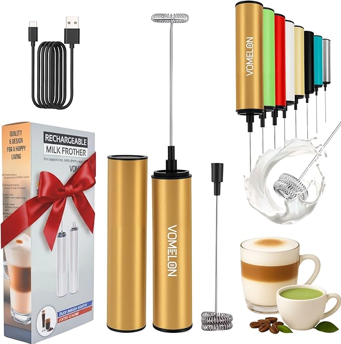 Rechargeable Electric Milk Frother Handheld,2-Speed Travel Frother with Tube Case, Milk Foamer Coffee Frother for Latte, Cappuccino, Drink Mixer with 2 Stainless Whisks and Charger Golden