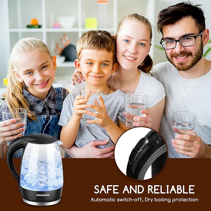 Aigostar Electric Kettle, 1500W Cordless Electric Tea and Hot Water Kettle with Filter, LED Illuminated, High Borosilicate Glass, No BPA, Auto Shutoff, Boil-Dry Protection, 360° Base, 1.7 Liter
