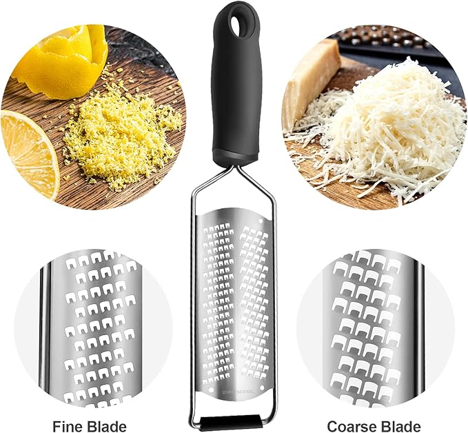Lemon Zester & Grater 2-in-1 with Cover - Heavy Duty Stainless Steel Kitchen Tool for Cheese, Ginger, Garlic, Chocolate, Fruits, Vegetables - Dishwasher Safe Black