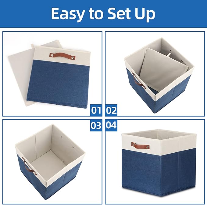 Temary Fabric Storage Bins for Cube Organizer 4 Pack Cube Storage Bins 13 Storage Cubes for Shelves Storage Baskets for Organizing Books, Clothes, Towels (White & Blue, 13x13x13 Inch)