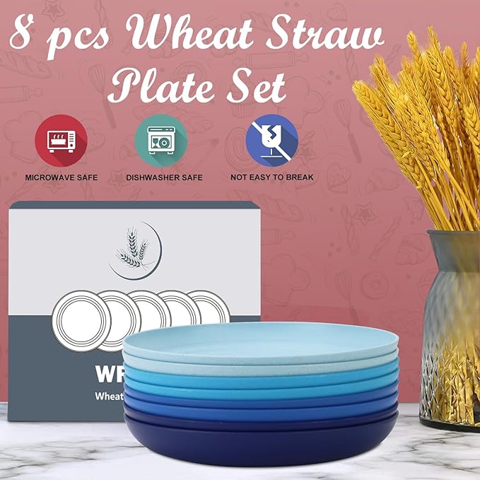 Wheat Straw Plates - 8 Inch Unbreakable Dinner Plates Set of 8 - Dishwasher & Microwave Safe Plastic Plates Reusable - Lightweight Kids Plates for kitchen,R.V. (Ocean)
