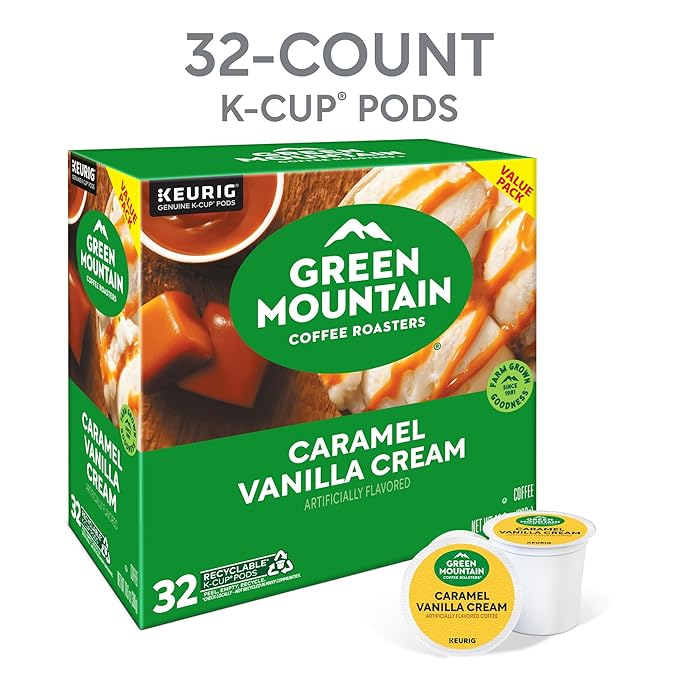 Green Mountain Coffee Roasters Caramel Vanilla Cream, Single-Serve Keurig K-Cup Pods, Flavored Light Roast Coffee Pods, 32 Count