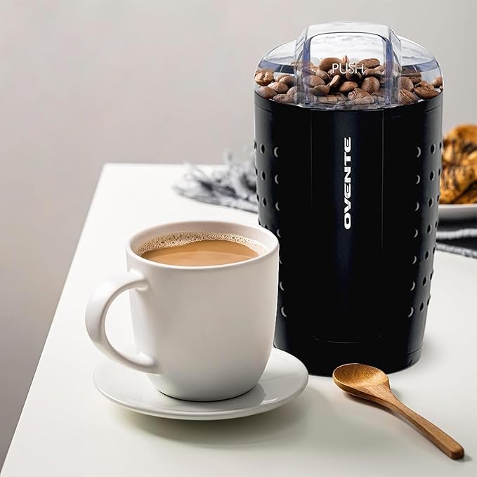 OVENTE Electric Coffee Grinder for Beans, Spices and More, 2.5Oz Compact Grinding Mill, Spice Grinder with Stainless Steel Blade, Pulse Button Operation and Transparent Easy to Open Lid, Black CG225B