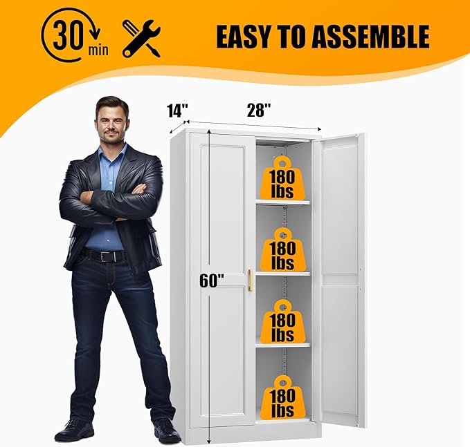 60" Tall Kitchen Pantry Storage Cabinet with Doors and 3 Shelves, Metal Storage Cabinets, White Kitchen Cupboard with Gold Handles, Utility Large Food Cabinet for Pantry, Living Room, Dining