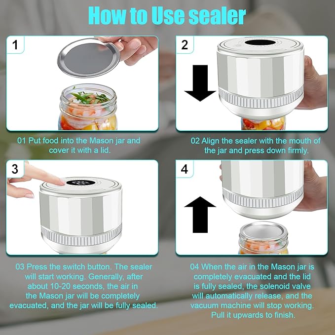 Auto Stop Electric Mason Jar Vacuum Sealer, Vacuum Sealer Kit for Wide Mouth and Regular Mouth Mason Jars with Food Storage Labels for Freshness and Preservation