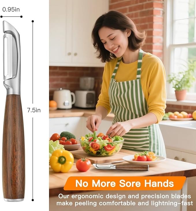 JUSEEPO Premium Vegetable Peeler, I Type Swivel 304 Stainless Steel Blade Comfortable Solid Wood Handle, Practical Gift for Restaurant Baking Chef Woman for Veggie, Fruit, Potato(Merbau)