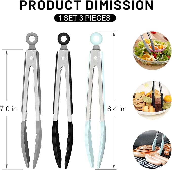 Hotec Mini Silicone Kitchen Tongs for Cooking - 7-Inch Small Serving Tongs with Silicone Tips, Set of 3 (Black,Grey,Light Blue)