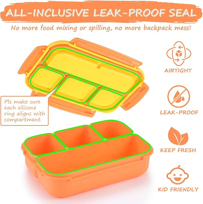 QQKO Bento Box for Kids Adults, School Toddler Lunch Box for Boys Girls, Lunch Box Containers with 4 Compartments, Sauce Container, Utensils, Food Picks and Muffin Cups for School, Orange Yellow