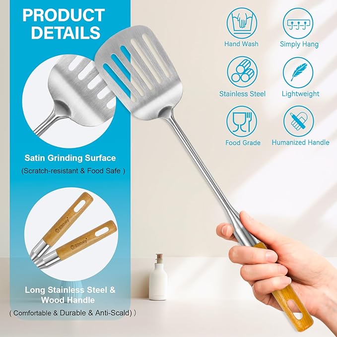 Large Stainless Steel Kitchen Utensils Set, 7 Pcs Cooking Utensils Set with Wooden Handle, Heat Resistant Spatula Tools Set for Cooking, Food Grade Utensils Sets with Turners Spoon Ladle Pasta Fork