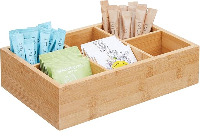 mDesign Bamboo Tea & Food Storage Organizer Container Box - Wooden Holder Case for Tea Bags, Coffee, Snacks, Sugar, Sweeteners, and Small Packets - Echo Collection - Natural Wood