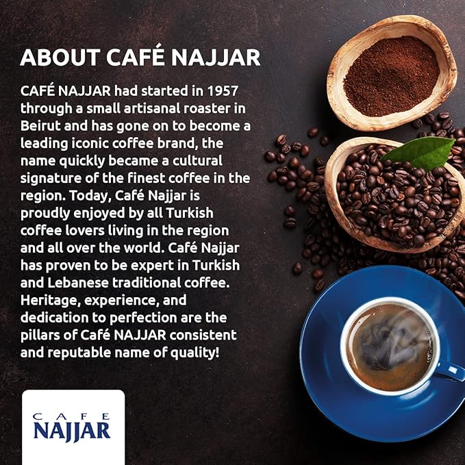 Café Najjar, Turkish Coffee with Cardamom, 450 Gr, 100% Arabica Coffee Beans, Ground Coffee, Dark Roast, Lebanese Coffee, Arabic Coffee, Coffee Beverages, Works with Turkish Coffee Machine. (1)