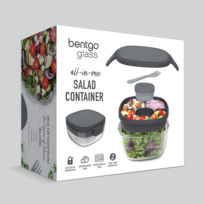 Bentgo Glass All-in-One Salad Container - Large 61-oz Salad Bowl with Lid, 4-Compartment Bento-Style Tray, 3-oz Sauce Container, and Reusable Fork - Dishwasher, Microwave, and Oven Safe (Dark Gray)