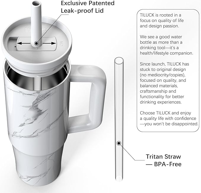 TILUCK 30 oz Tumbler with Handle, Vacuum Insulated Stainless Steel Travel Mug with 100% Leak-Proof Silicone Straw Lid, Cupholder Friendly Water Bottle(Marble, 30oz)