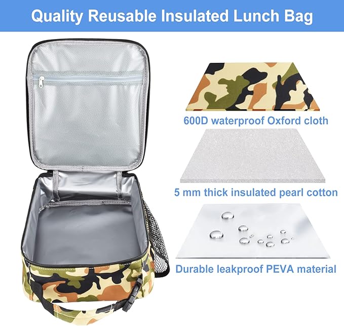 Insulated Lunch Bag, Leakproof Portable Lunch Box for Women Men Boys Girls, Large Capacity Cooler Bag for Office School Camping Hiking Outdoor Beach Picnic (Camo Brown)