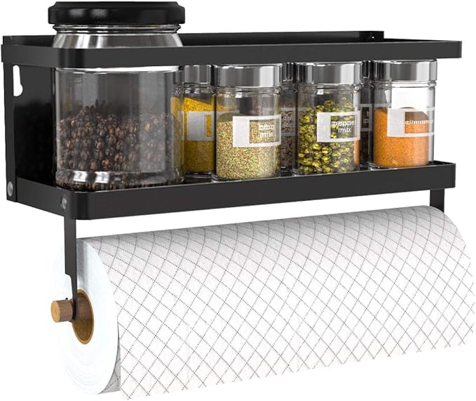 Magnetic Paper Towel Holder, 2-in-1 Magnetic Spice Rack with Hooks,Wall Mount Shelf Towel Rack for Refrigerator (Black, With hook)