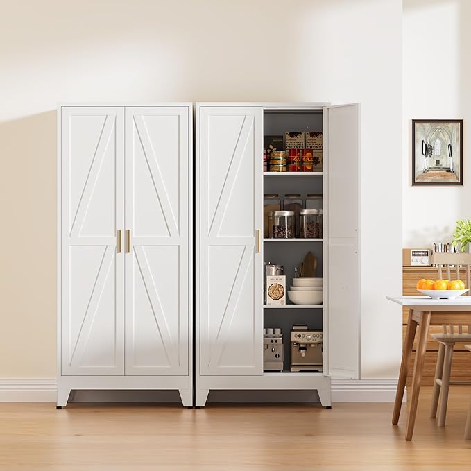 61" Tall Metal Pantry Cabinet, Kitchen Storage Cabinet with 2 Doors and 3 Adjustable Shelves for Kitchen, Living Room, Dining Room, Bathroom and Home, Office (White, 61" H)