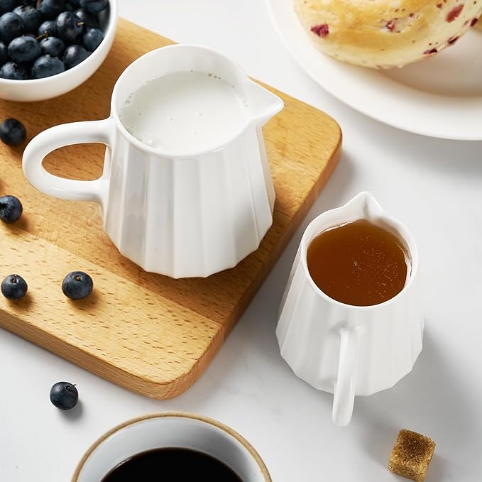 Gurygo 2 Pack 9 Oz Classic Ceramic White Creamer with Handle - Small Creamer Pitcher Set - Fine Porcelain Wave Shaped Small Milk Pitcher for Coffee Milk Sauces Salad, Microwave Safe
